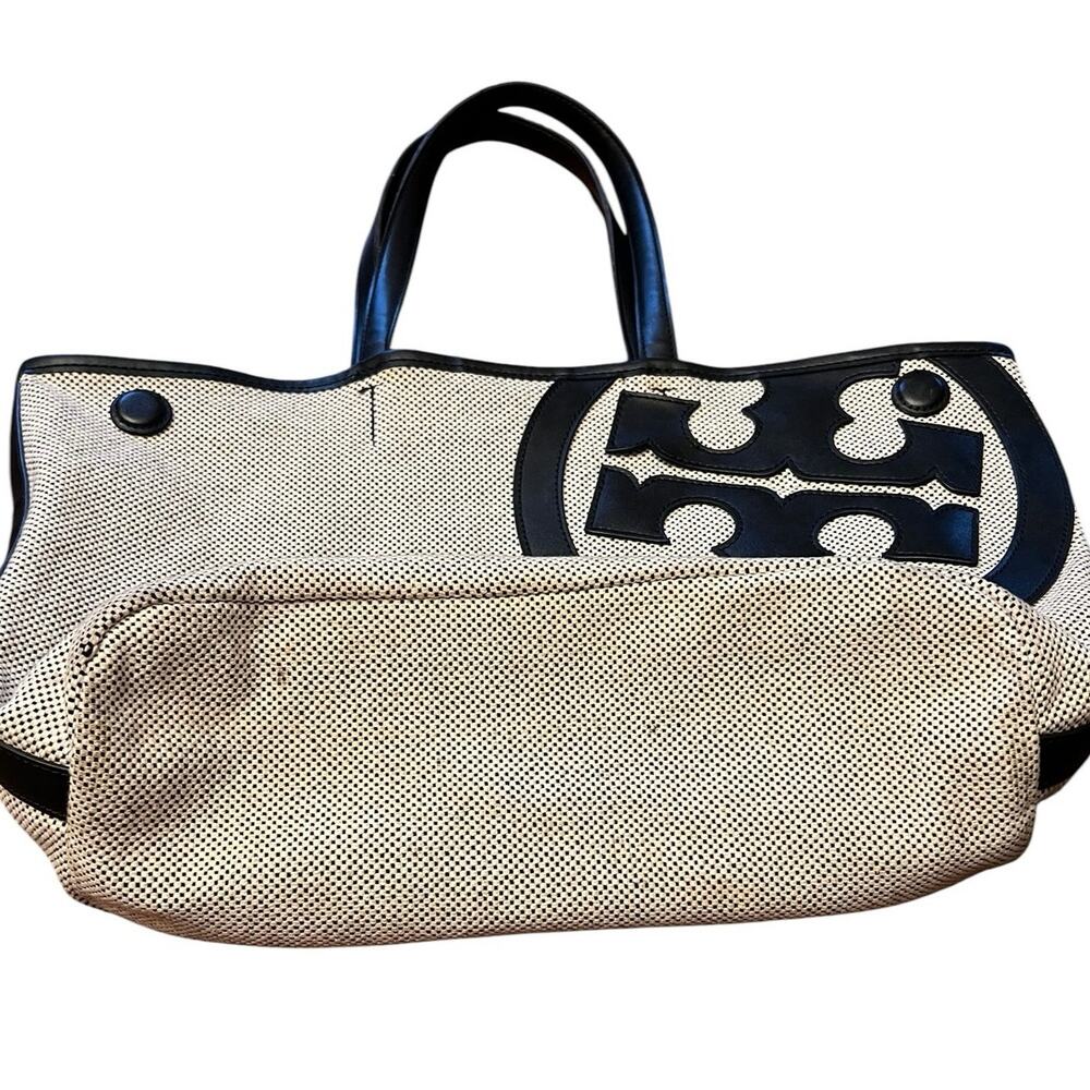 Tory Burch Lonnie Large Perforated Canvas Mesh Logo Tote Bag White Black - Picture 8 of 12